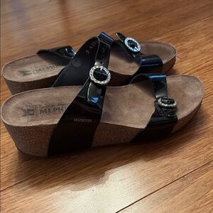 Mephisto Glossy Black Slide Sandals - low wedge - size 41 US size 10